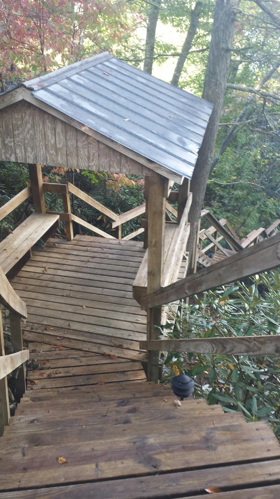 Metal roofed shelter over wooden steps on a wooded walkway — Skylight Repair & Installation work by our crew in Efland